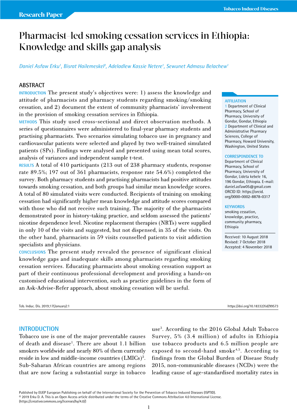 Pharmacist-Led Smoking Cessation Services in Ethiopia: Knowledge and Skills Gap Analysis