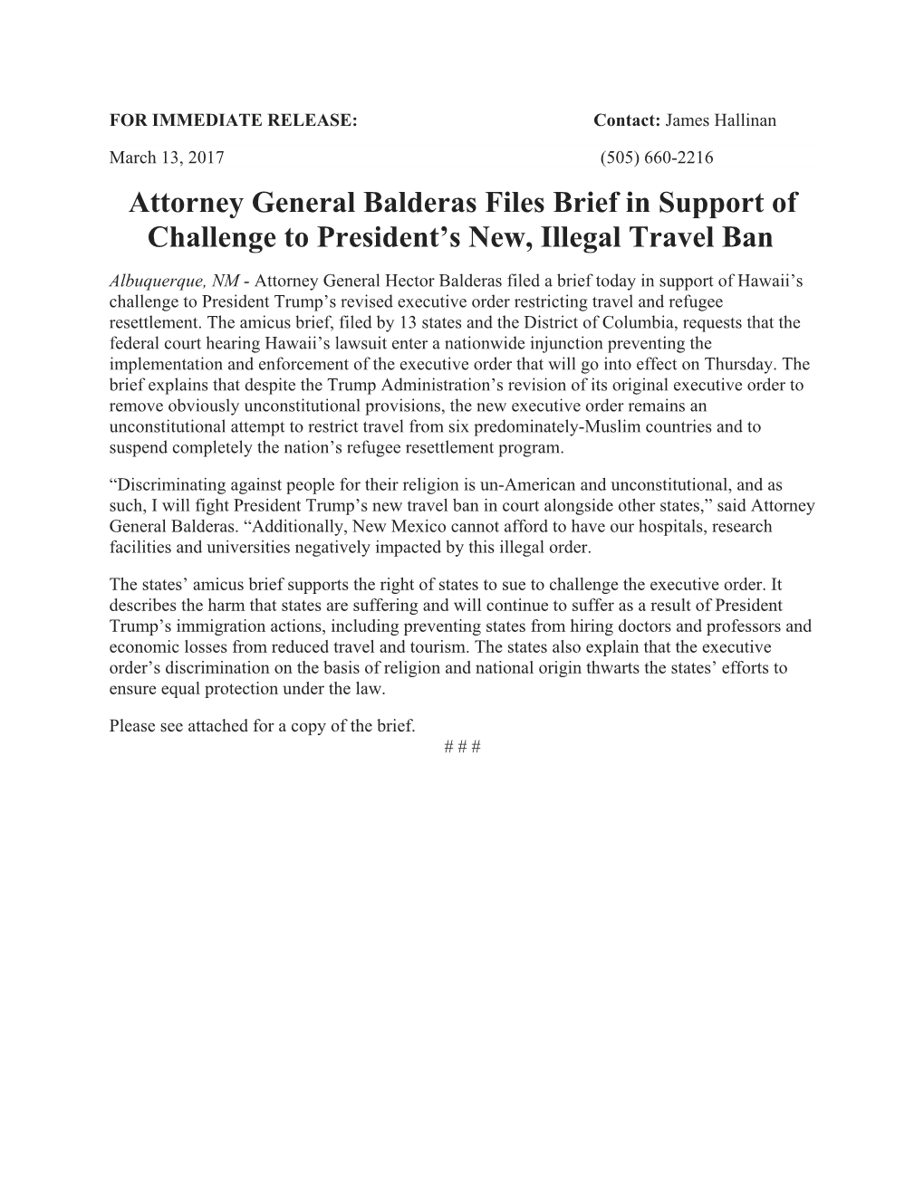 Attorney General Balderas Files Brief in Support of Challenge to President’S New, Illegal Travel Ban