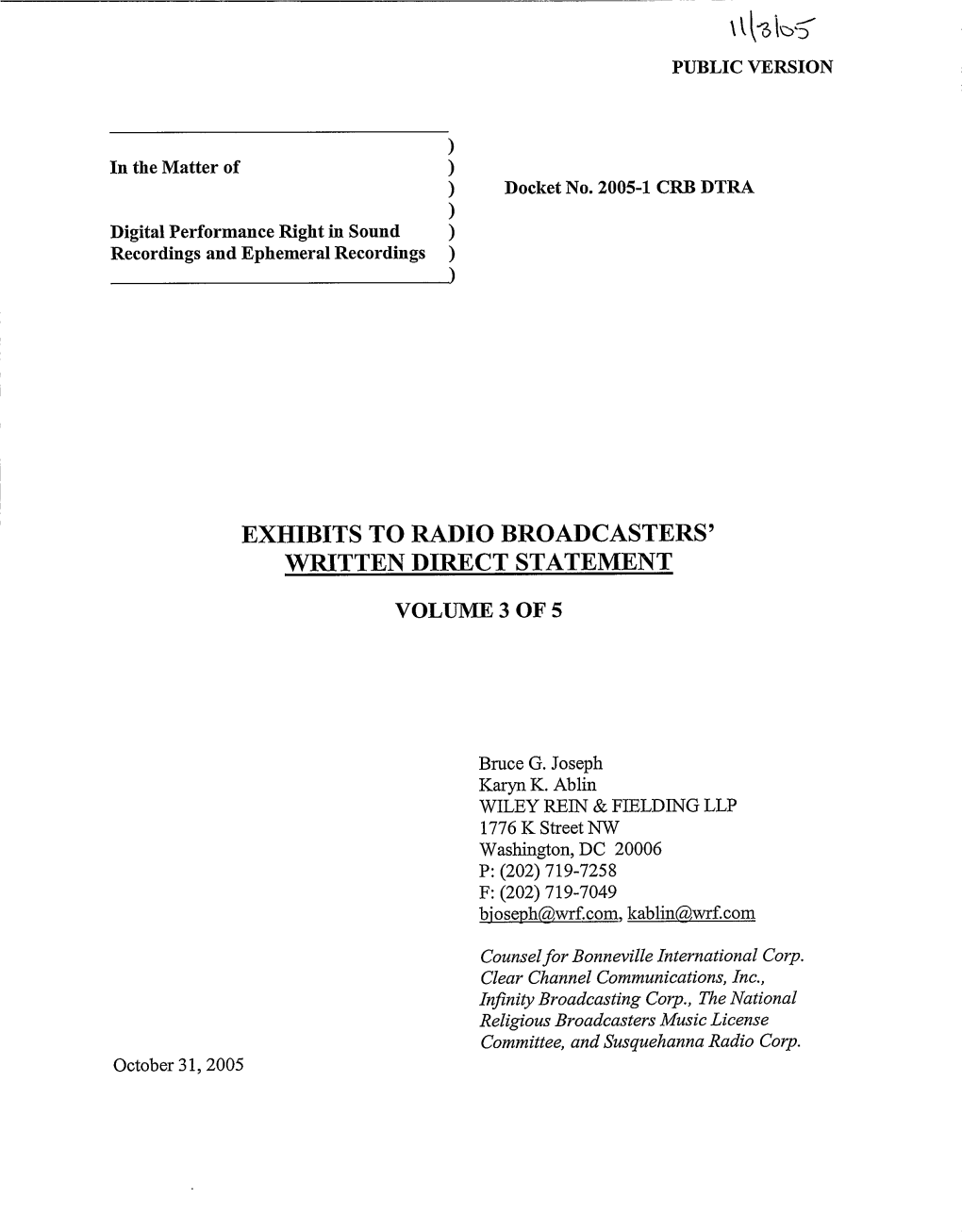 Exhibits to Radio Broadcasters' Written Direct Statement Volume 3 of 5