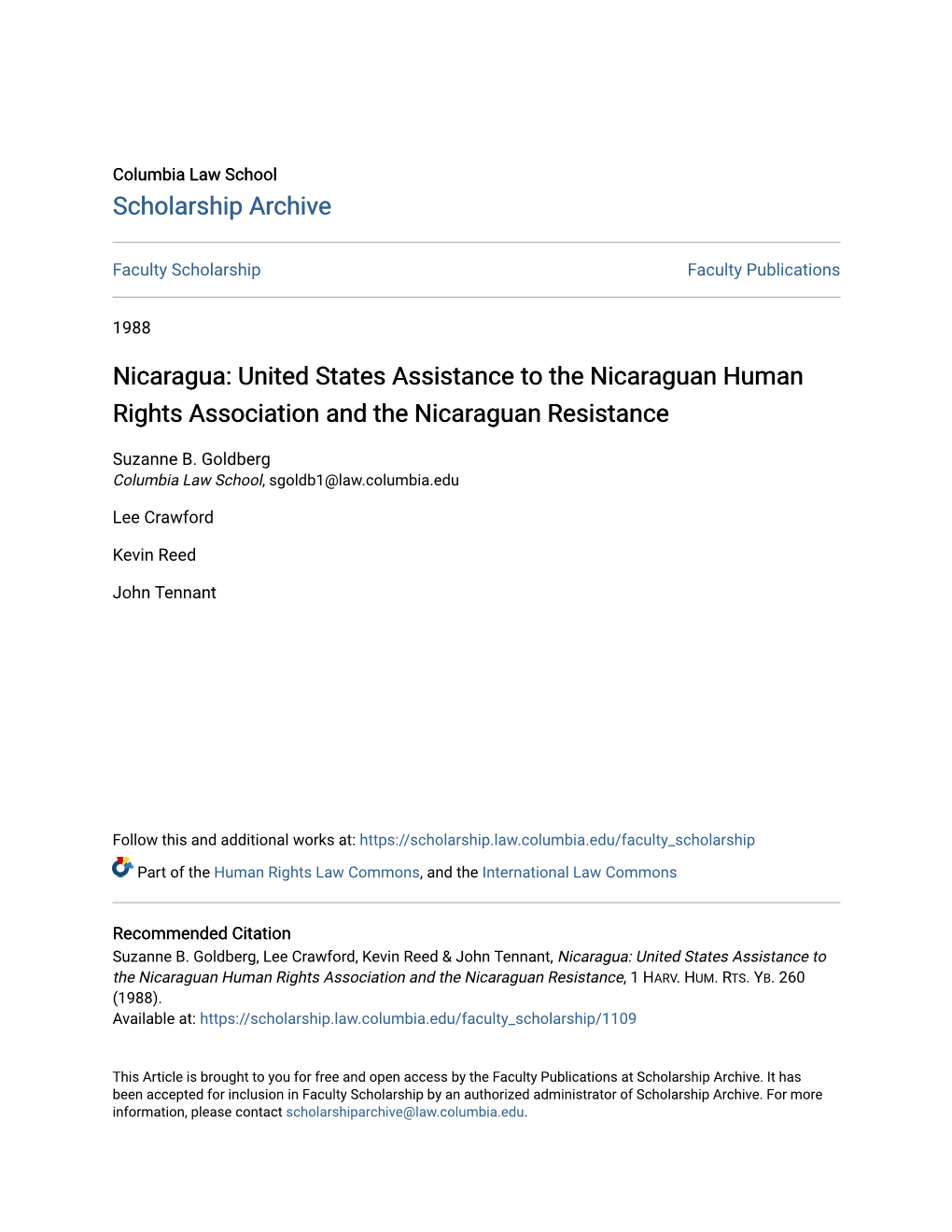 Nicaragua: United States Assistance to the Nicaraguan Human Rights Association and the Nicaraguan Resistance