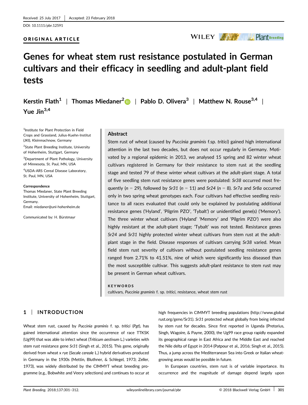 Genes for Wheat Stem Rust Resistance Postulated in German Cultivars and Their Efficacy in Seedling and Adult-Plant Field Tests