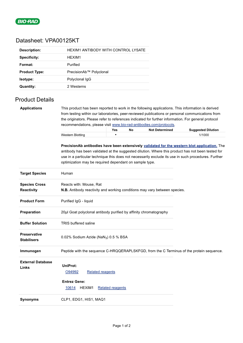 Datasheet: VPA00125KT Product Details