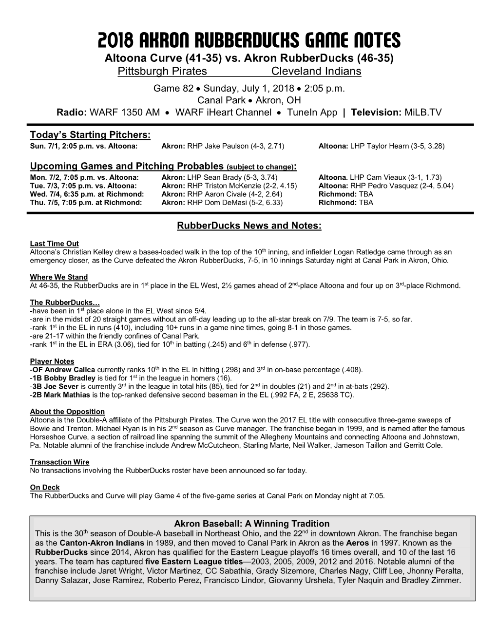 Rubberducks Game Notes 070118