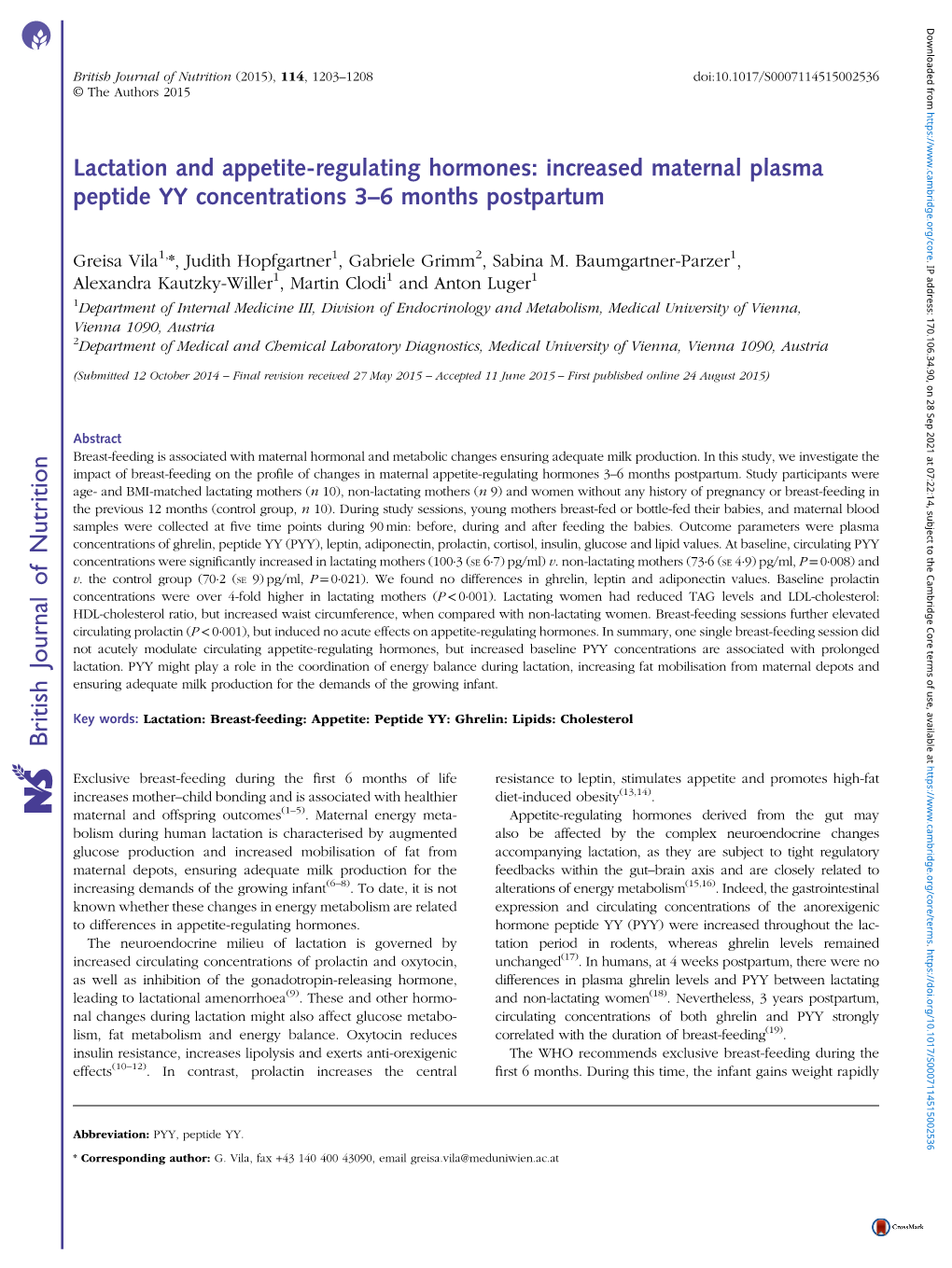 Lactation and Appetite-Regulating Hormones: Increased Maternal Plasma Peptide YY Concentrations 3–6 Months Postpartum