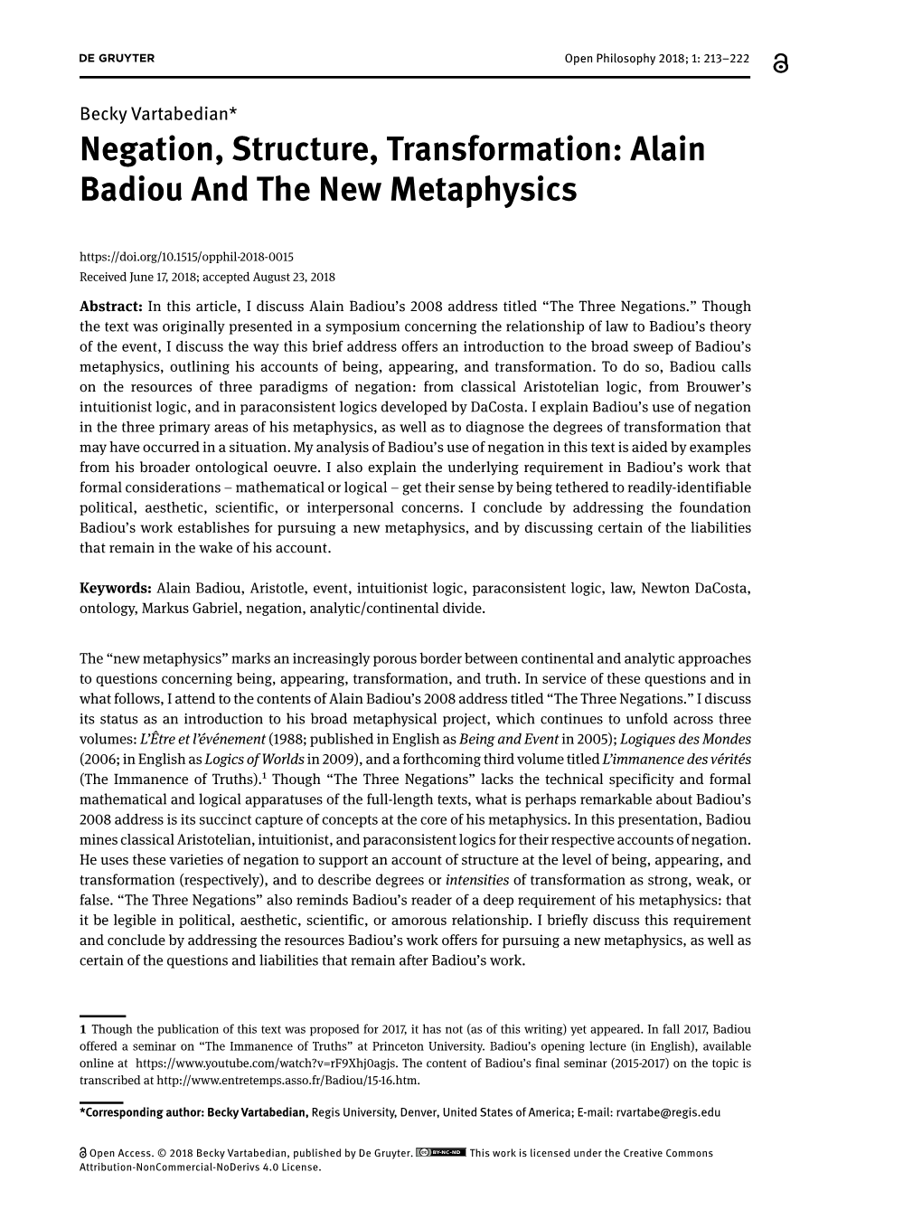 Negation, Structure, Transformation: Alain Badiou and the New Metaphysics