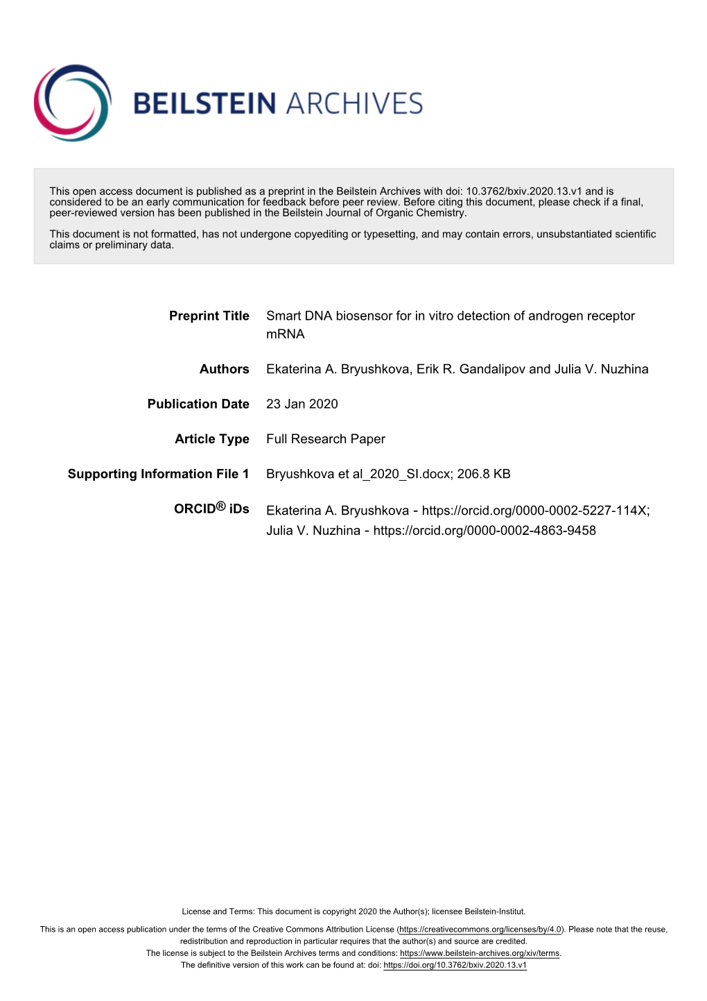 Smart DNA Biosensor for in Vitro Detection of Androgen Receptor Mrna