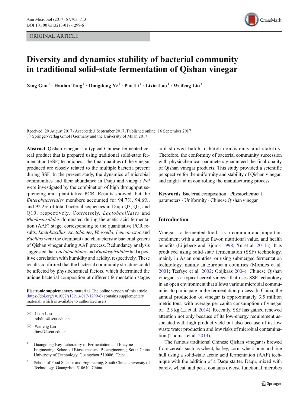 Diversity and Dynamics Stability of Bacterial Community in Traditional Solid-State Fermentation of Qishan Vinegar