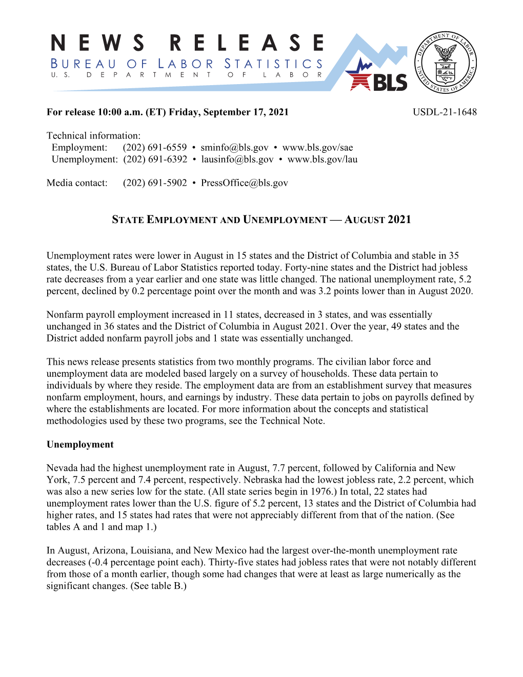 State Employment and Unemployment — July 2021