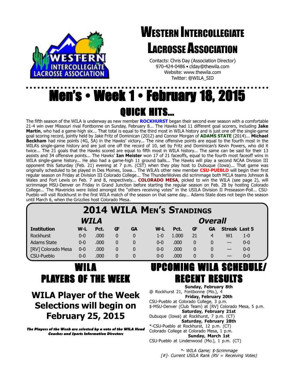 Men's • Week 1 • Februar Men's • Week 1 • February 18, 2015 Y 18