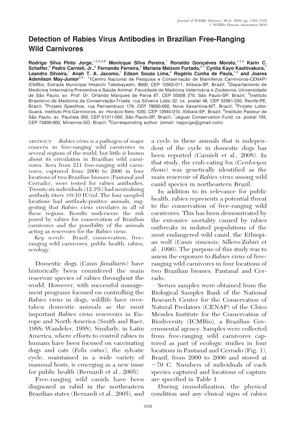 Detection of Rabies Virus Antibodies in Brazilian Free-Ranging Wild Carnivores