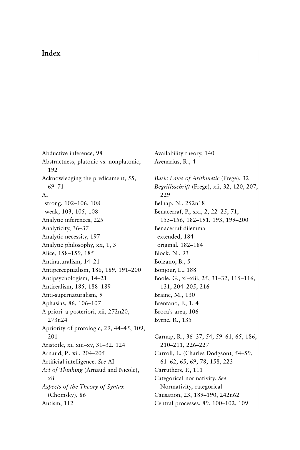 Abductive Inference, 98 Abstractness, Platonic Vs. Nonplatonic