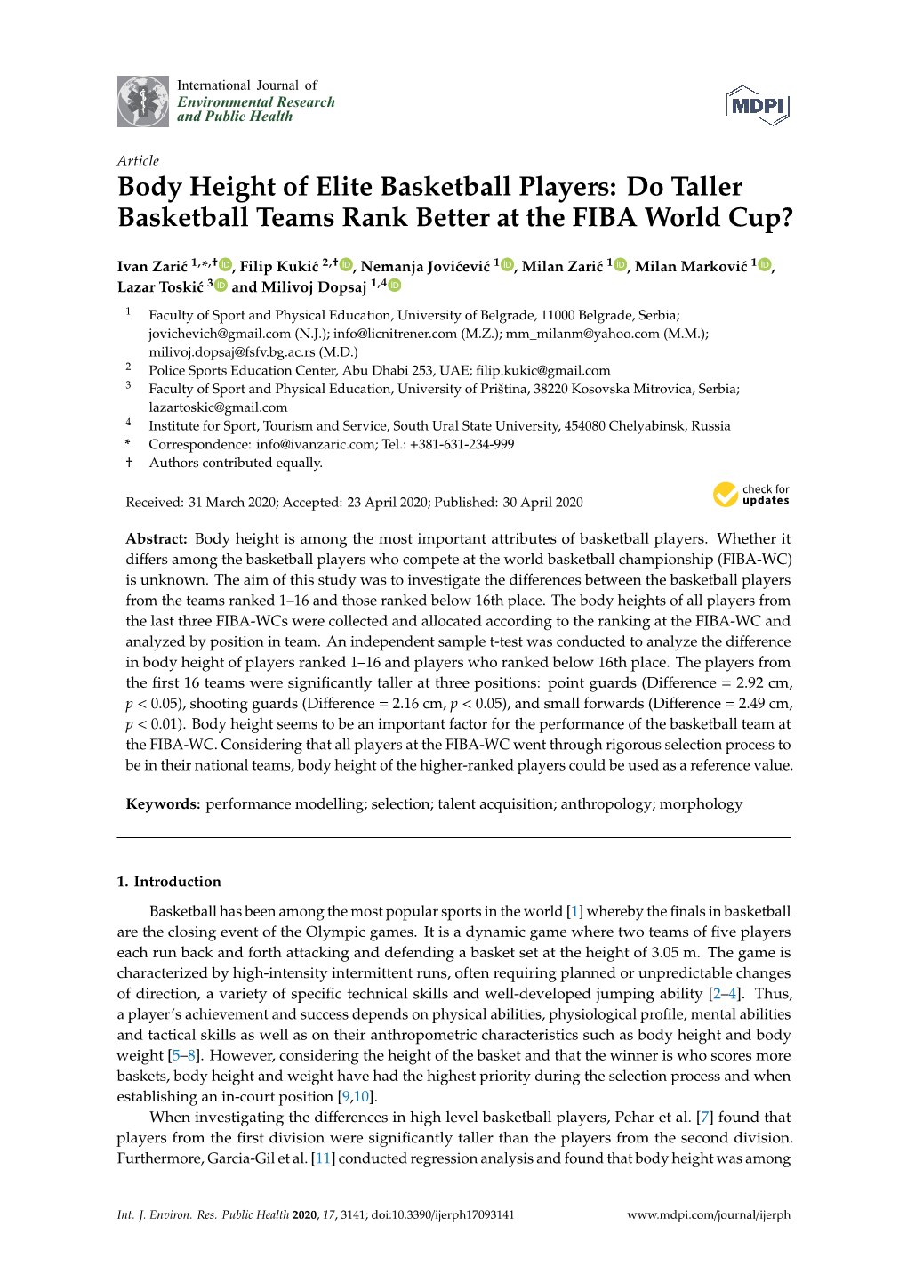 Body Height of Elite Basketball Players: Do Taller Basketball Teams Rank Better at the FIBA World Cup?