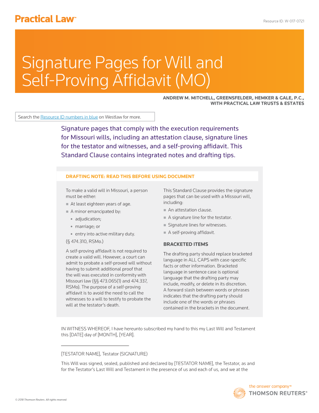 Signature Pages for Will and Self-Proving Affidavit (MO)