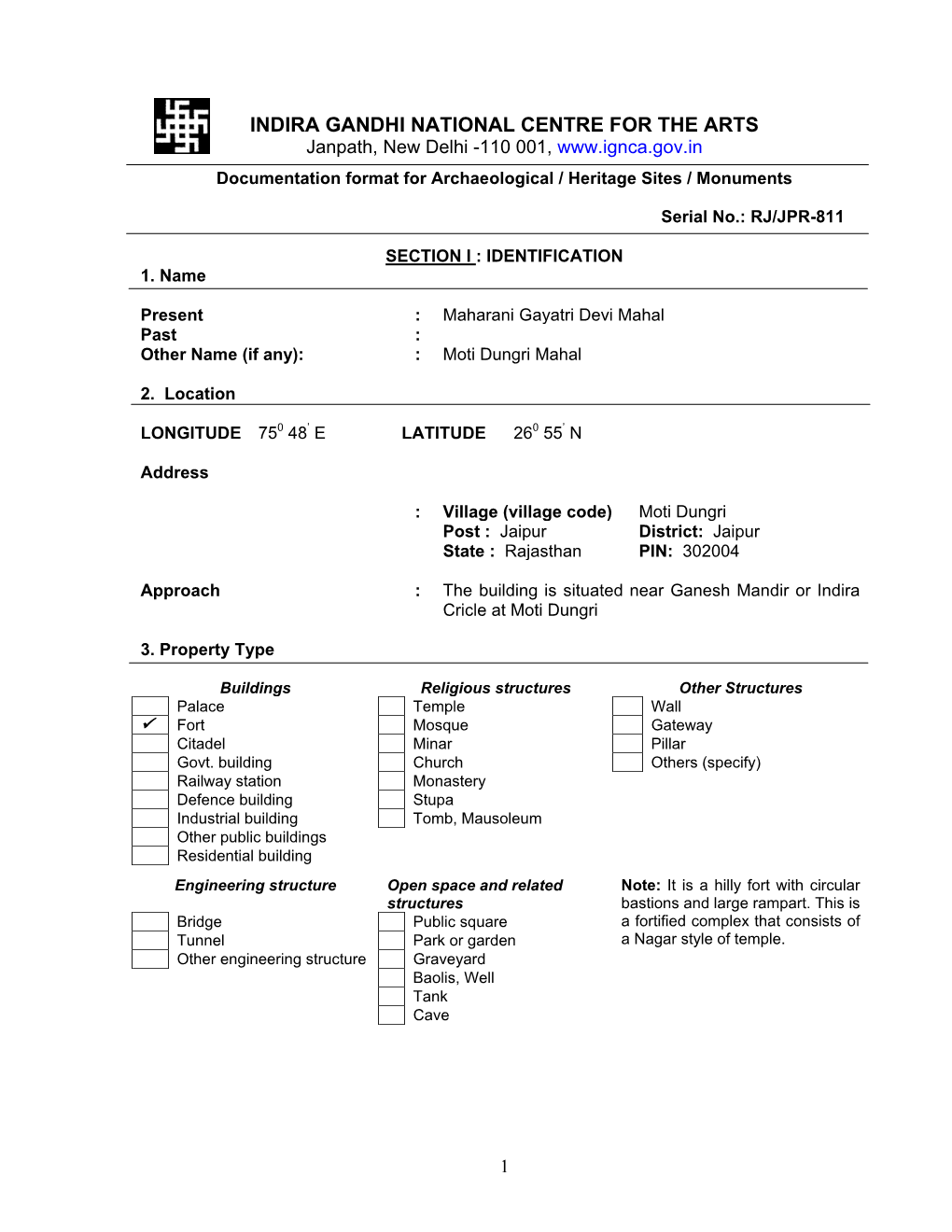 INDIRA GANDHI NATIONAL CENTRE for the ARTS Janpath, New Delhi -110 001, Documentation Format for Archaeological / Heritage Sites / Monuments