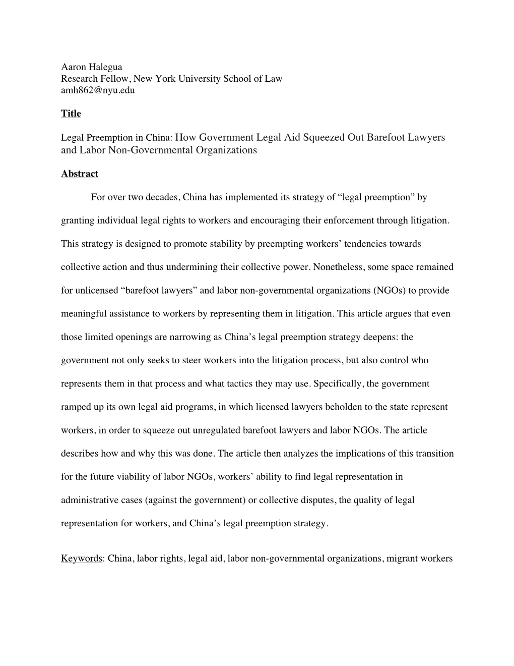 Legal Preemption in China: How Government Legal Aid Squeezed out Barefoot Lawyers and Labor Non-Governmental Organizations