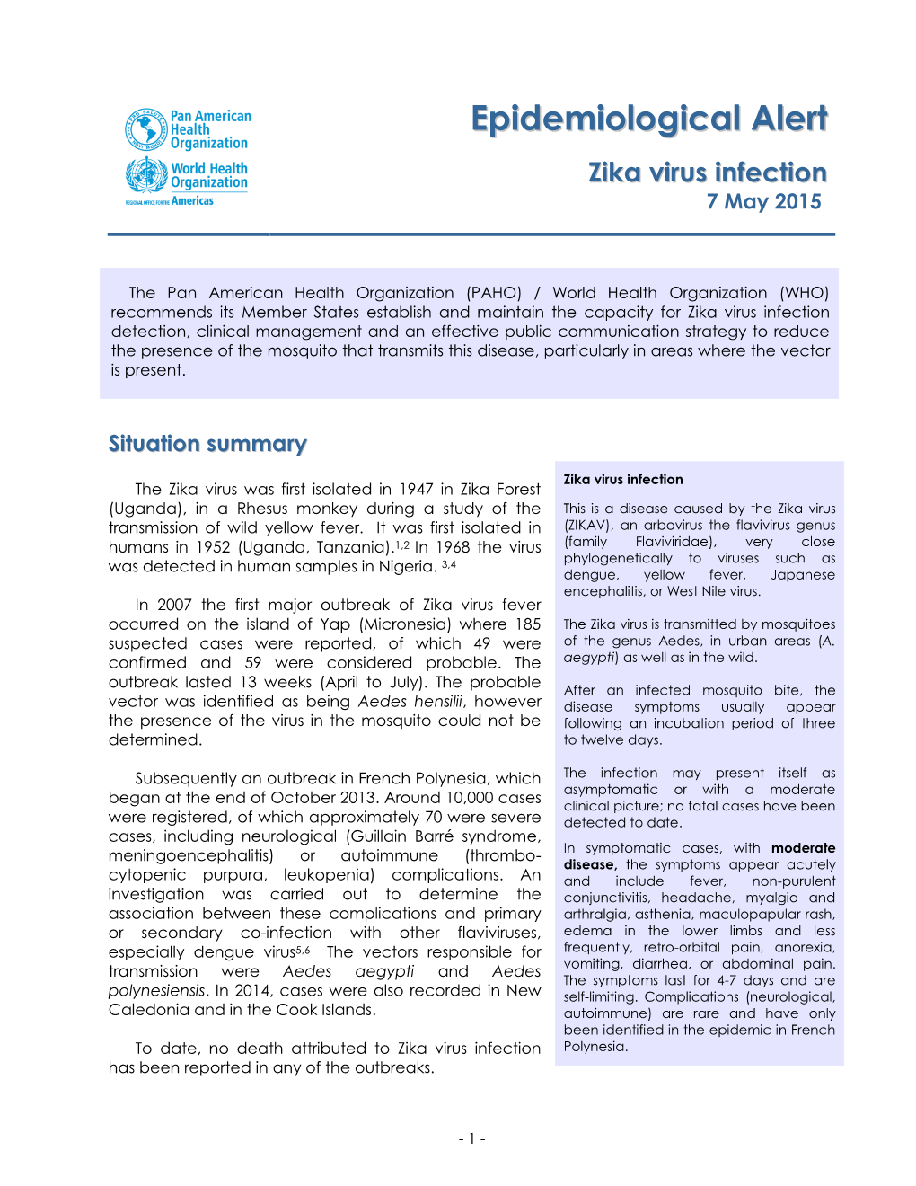 Zika Virus Infection 7 May 2015