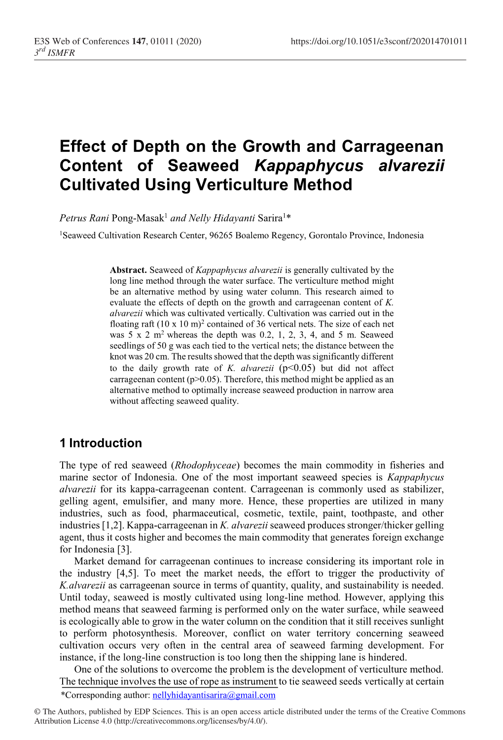 Effect of Depth on the Growth and Carrageenan Content of Seaweed Kappaphycus Alvarezii Cultivated Using Verticulture Method