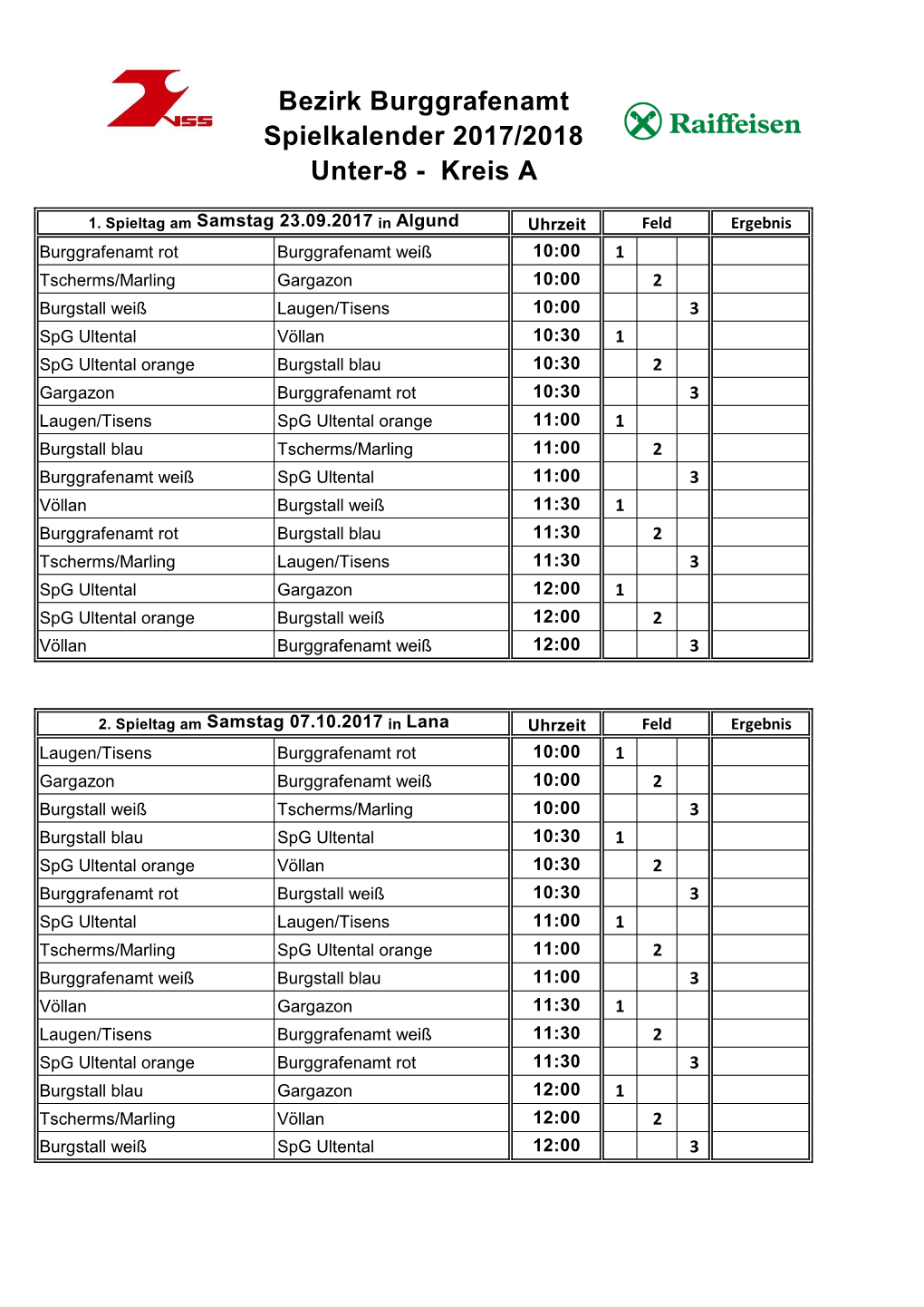 Bezirk Burggrafenamt Spielkalender 2017/2018 Unter-8 - Kreis A