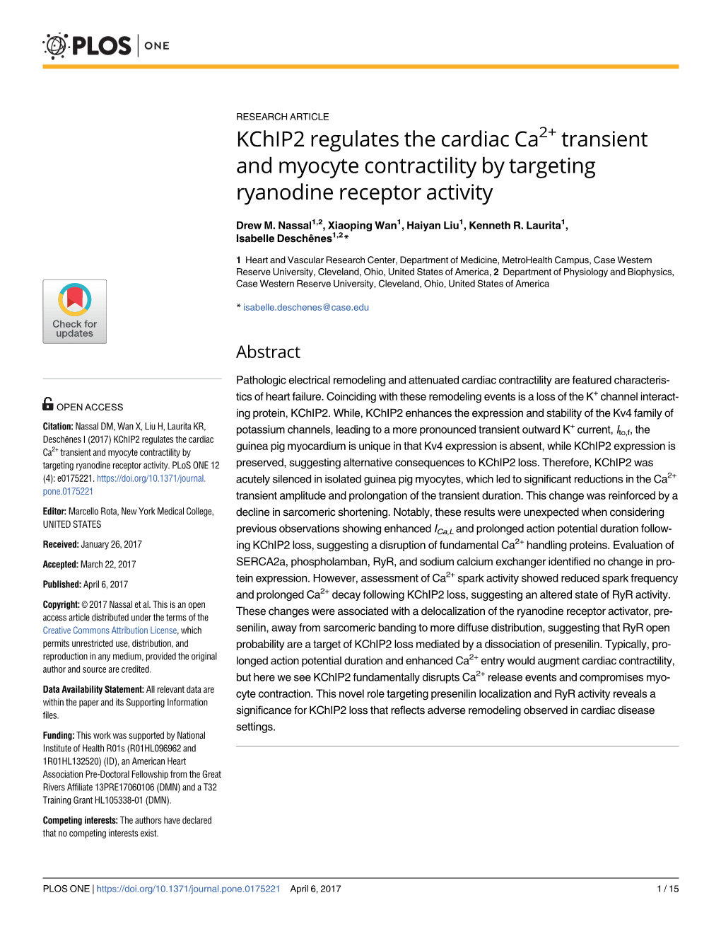 Kchip2 Regulates the Cardiac Ca2+ Transient and Myocyte Contractility by Targeting Ryanodine Receptor Activity