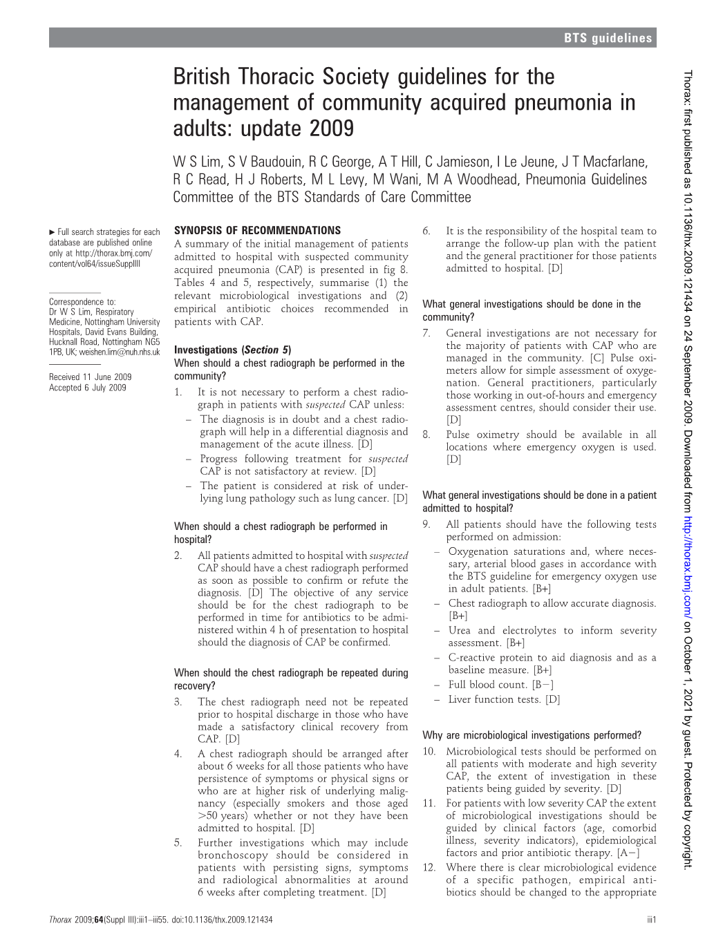 BTS Guidelines for the Management of Community Acquired Pneumonia in Adults: Update 2009