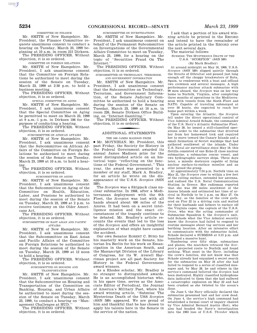 CONGRESSIONAL RECORD—SENATE March 23, 1999 COMMITTEE on FINANCE SUBCOMMITTEE on INVESTIGATIONS I Ask That a Portion of His Award Win- Mr