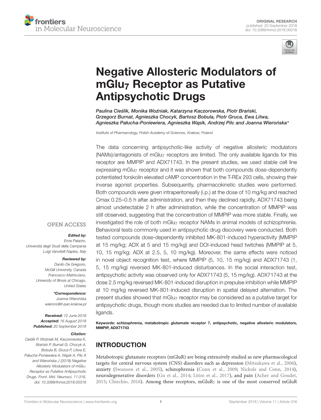 Negative Allosteric Modulators of Mglu7 Receptor As Putative Antipsychotic Drugs