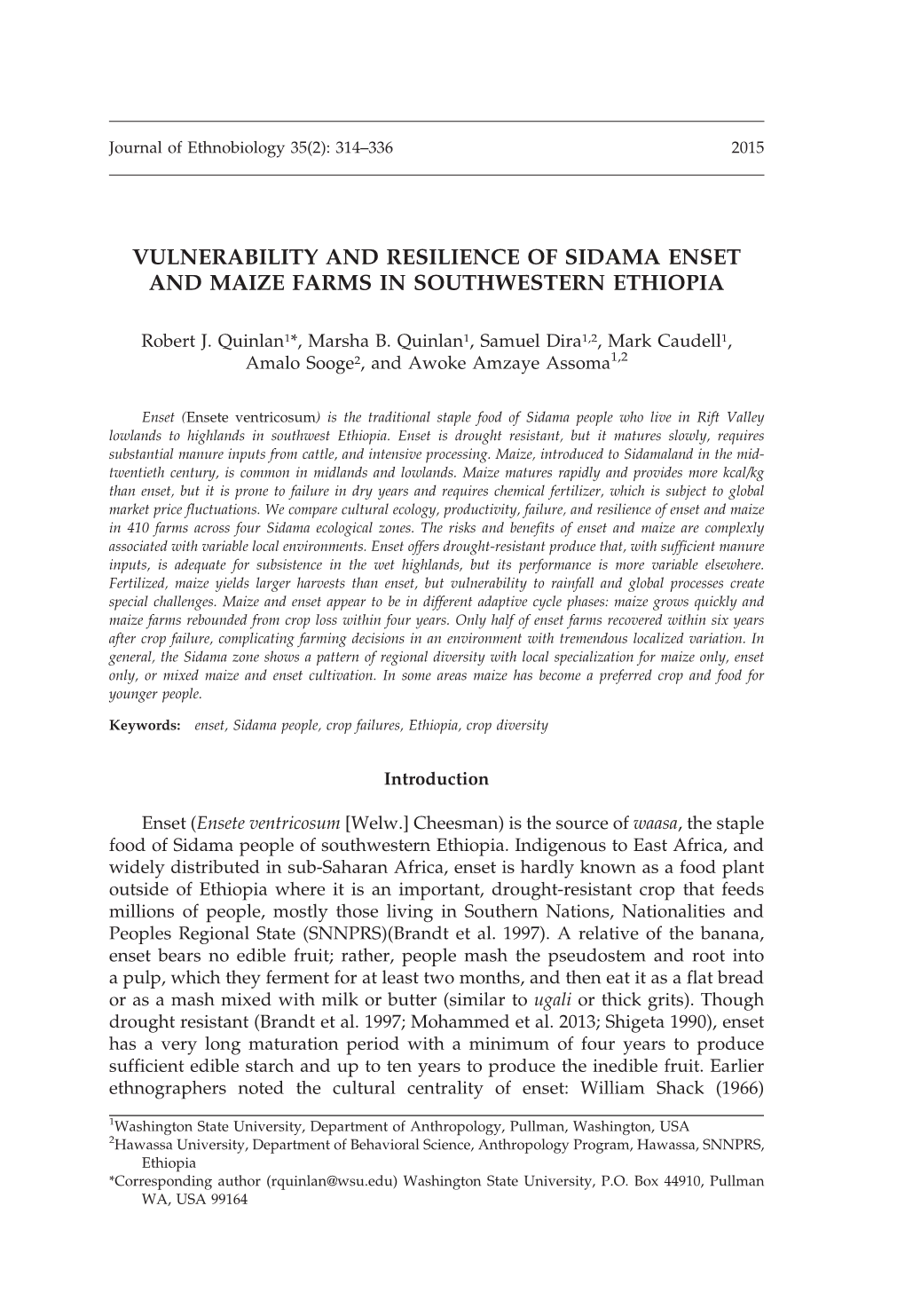 Vulnerability and Resilience of Sidama Enset and Maize Farms in Southwestern Ethiopia