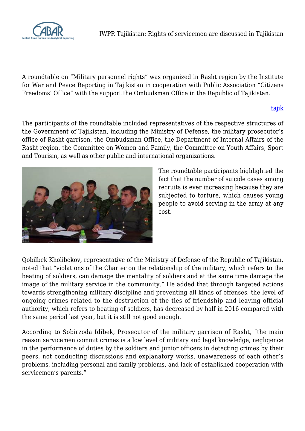 IWPR Tajikistan: Rights of Servicemen Are Discussed in Tajikistan
