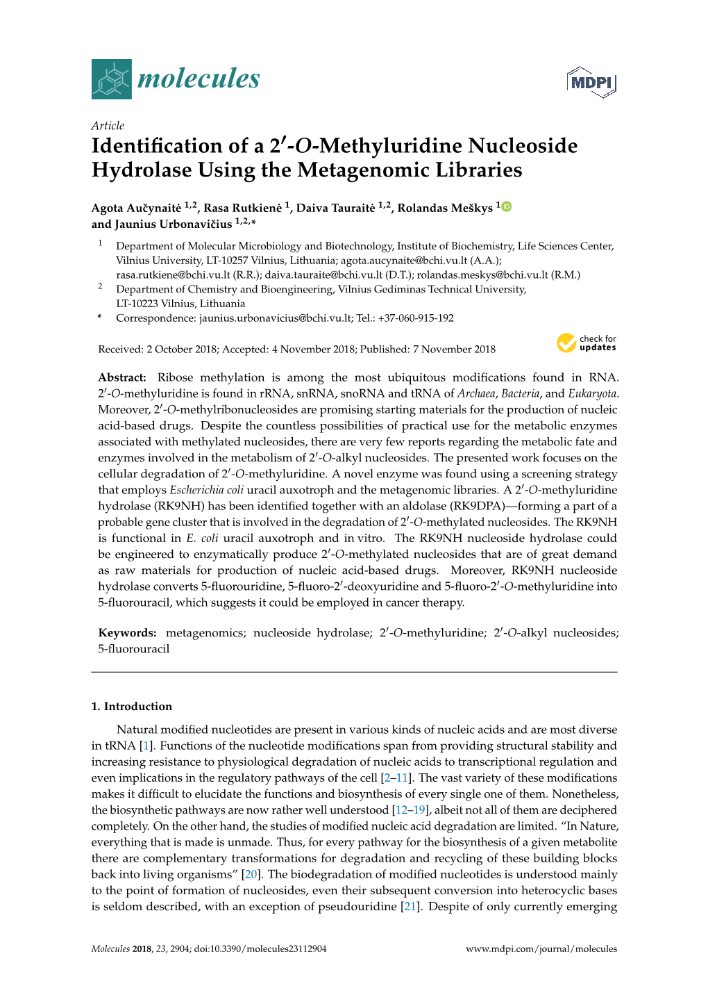 Identification of a 2-O-Methyluridine Nucleoside Hydrolase Using the Metagenomic Libraries