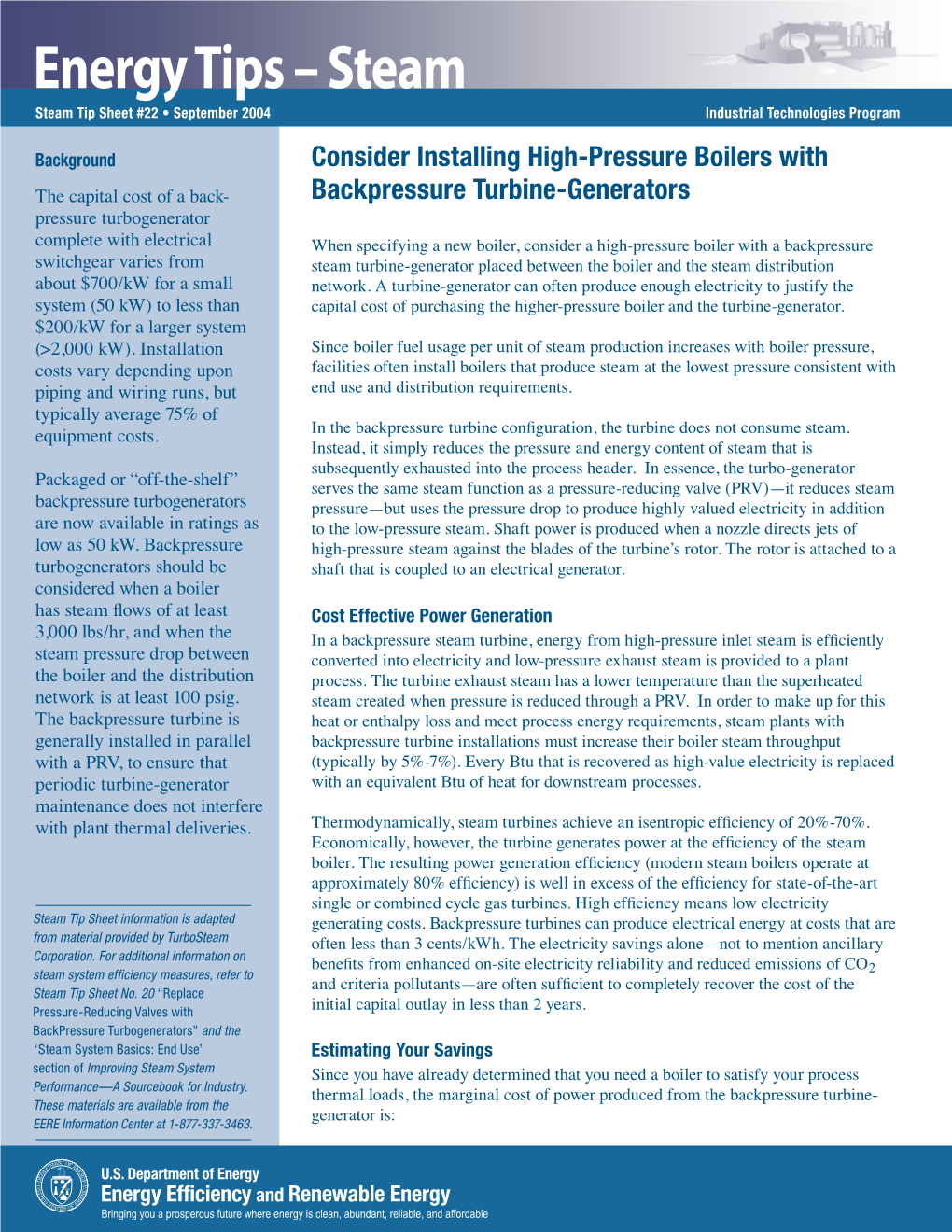 Consider Installing High-Pressure Boilers with Backpressure Turbine-Generators