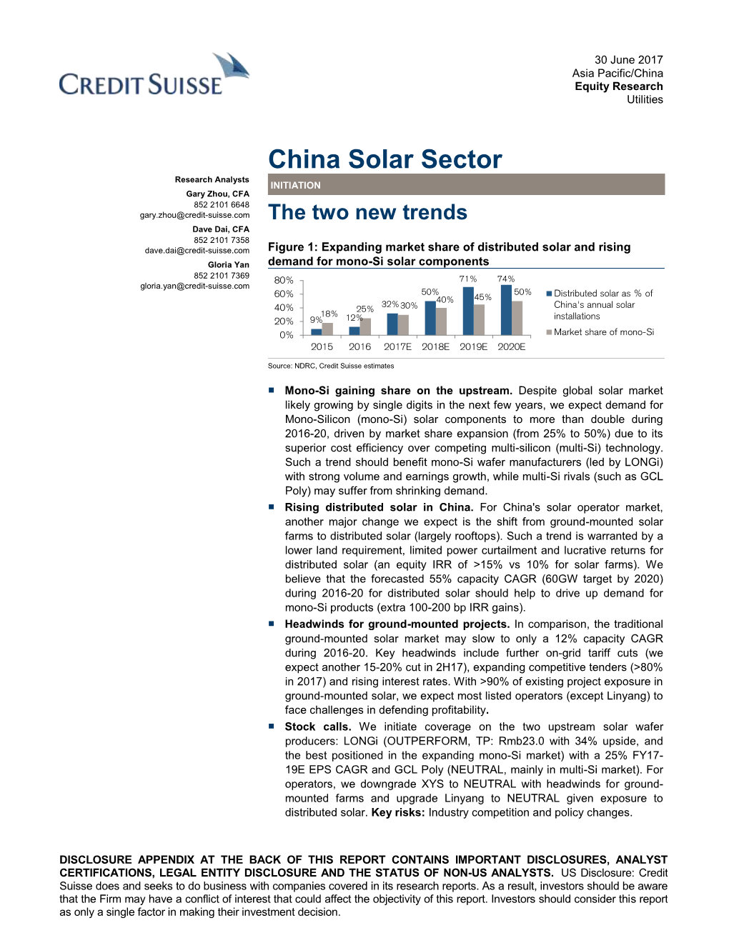 China Solar Sector Research Analysts INITIATION Gary Zhou, CFA 852 2101 6648 Gary.Zhou@Credit-Suisse.Com the Two New Trends