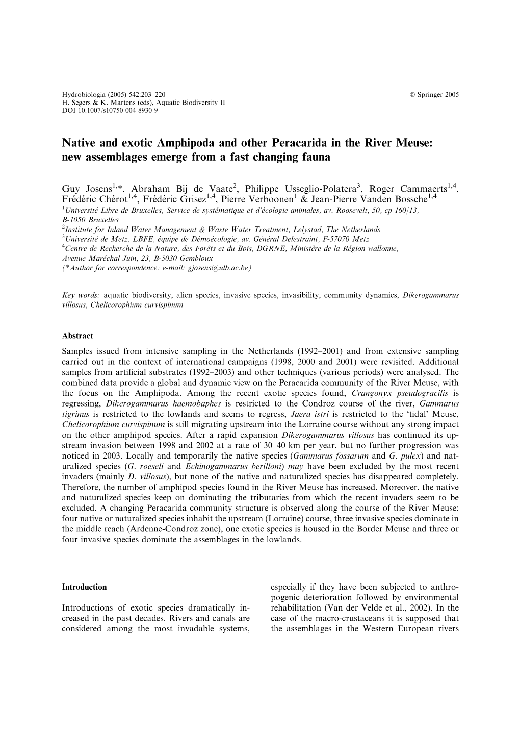 Native and Exotic Amphipoda and Other Peracarida in the River Meuse: New Assemblages Emerge from a Fast Changing Fauna