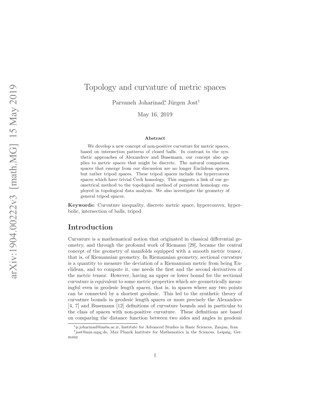 Topology and Curvature of Metric Spaces