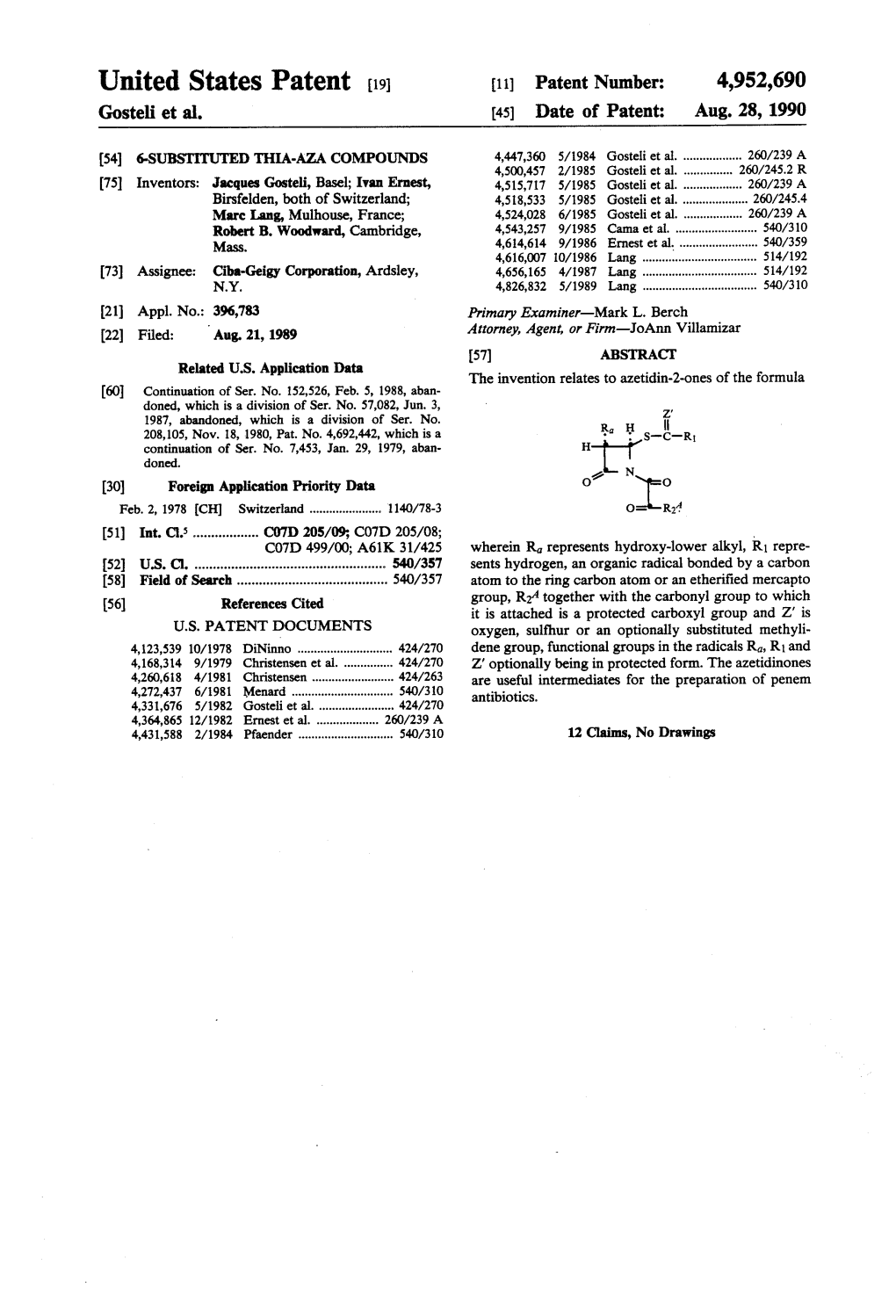 United States Patent (19) 11 Patent Number: 4,952,690 Gosteli Et Al