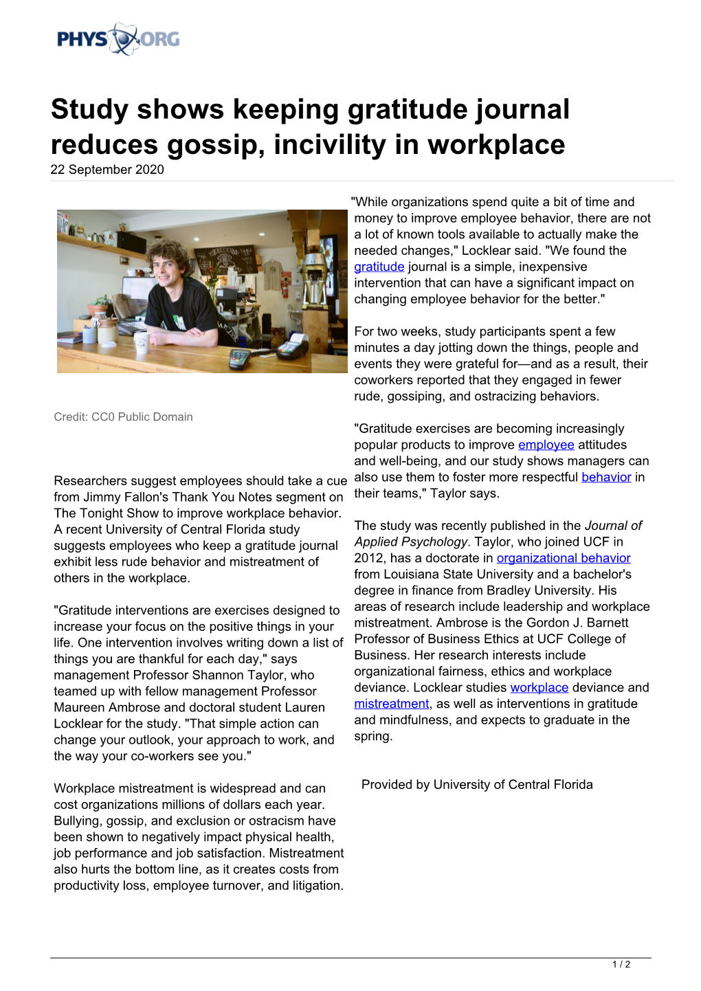 Study Shows Keeping Gratitude Journal Reduces Gossip, Incivility in Workplace 22 September 2020