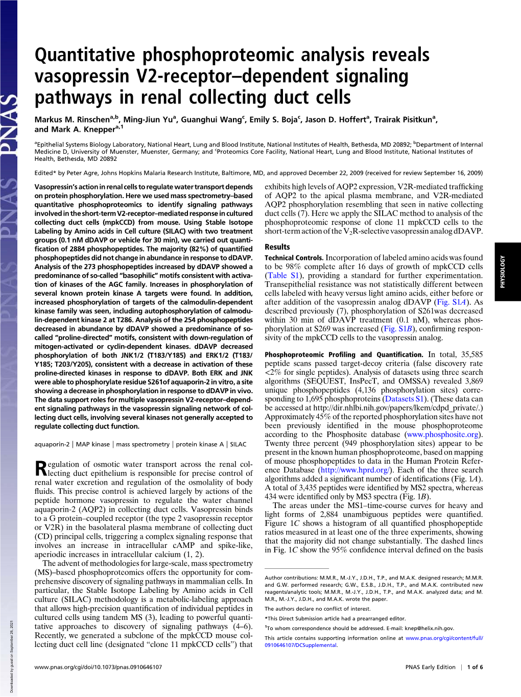 Quantitative Phosphoproteomic Analysis Reveals Vasopressin V2-Receptor–Dependent Signaling Pathways in Renal Collecting Duct Cells