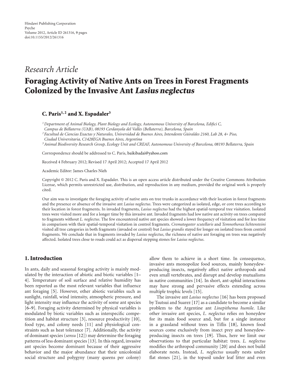 Foraging Activity of Native Ants on Trees in Forest Fragments Colonized by the Invasive Ant Lasius Neglectus