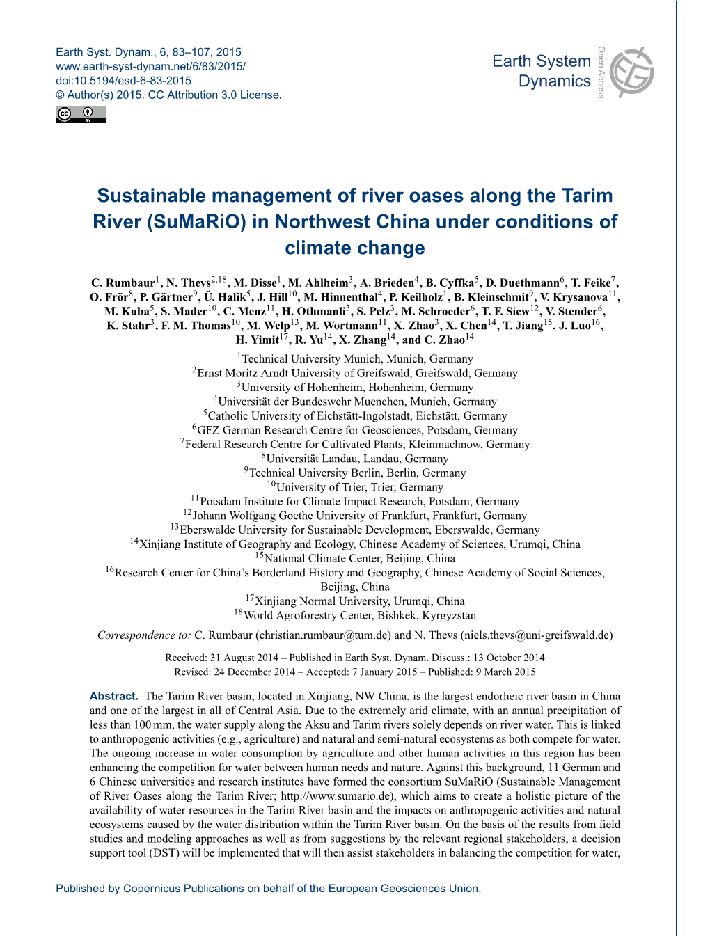 Sustainable Management of River Oases Along the Tarim River (Sumario) in Northwest China Under Conditions of Climate Change