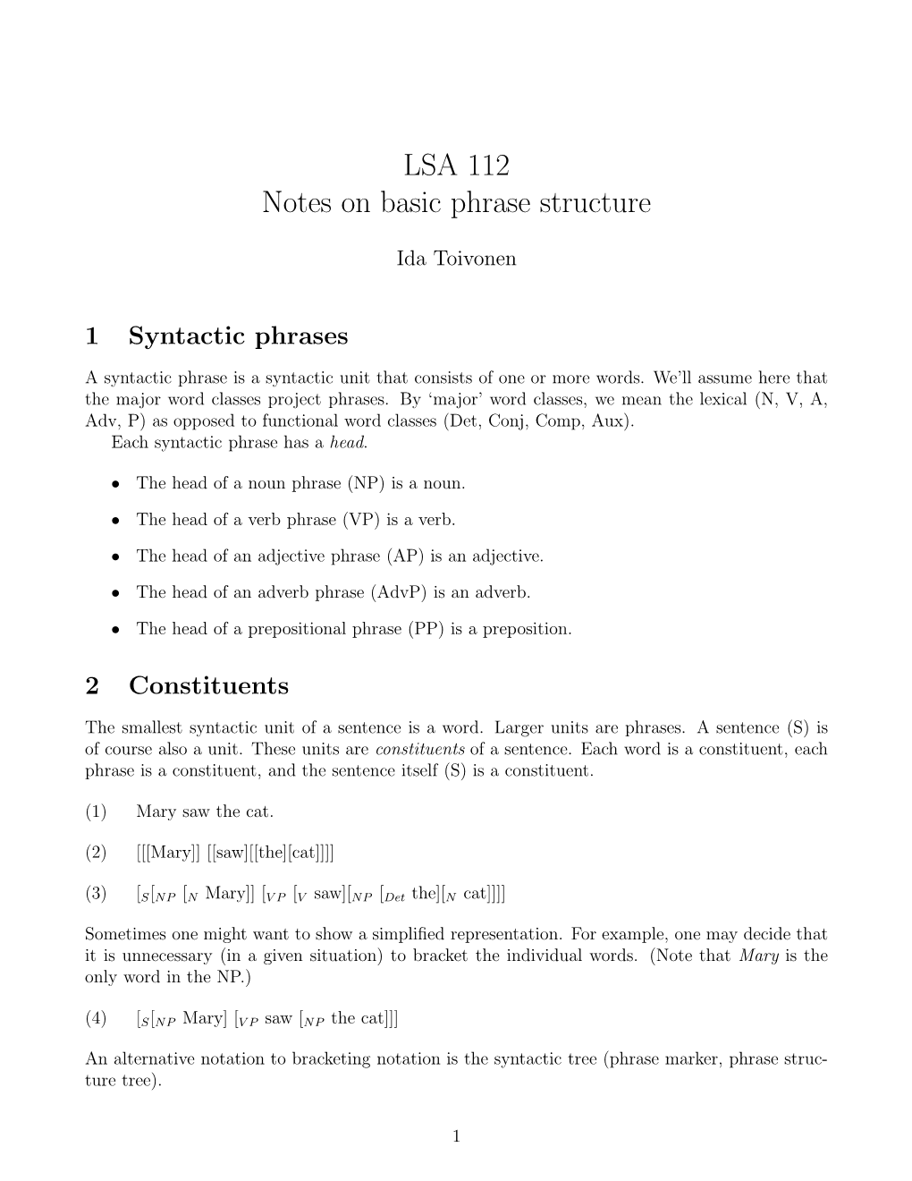 LSA 112 Notes on Basic Phrase Structure