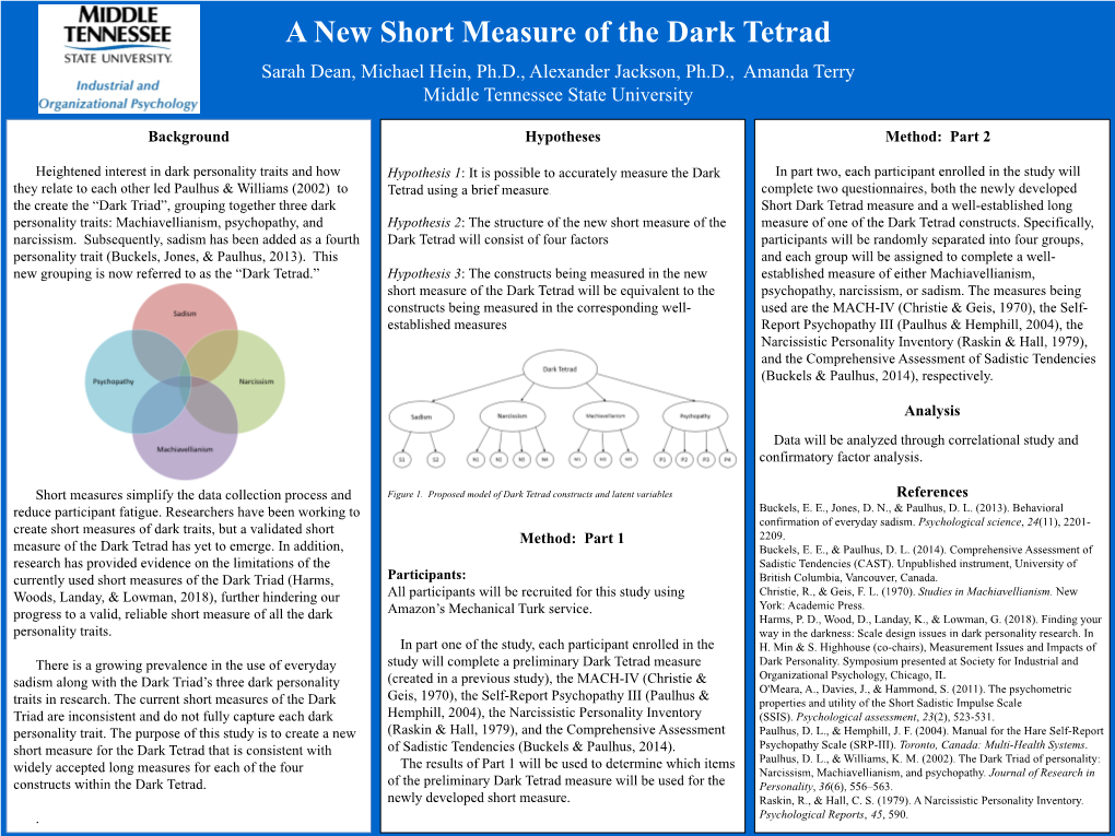 A New Short Measure of the Dark Tetrad Sarah Dean, Michael Hein, Ph.D., Alexander Jackson, Ph.D., Amanda Terry Middle Tennessee State University