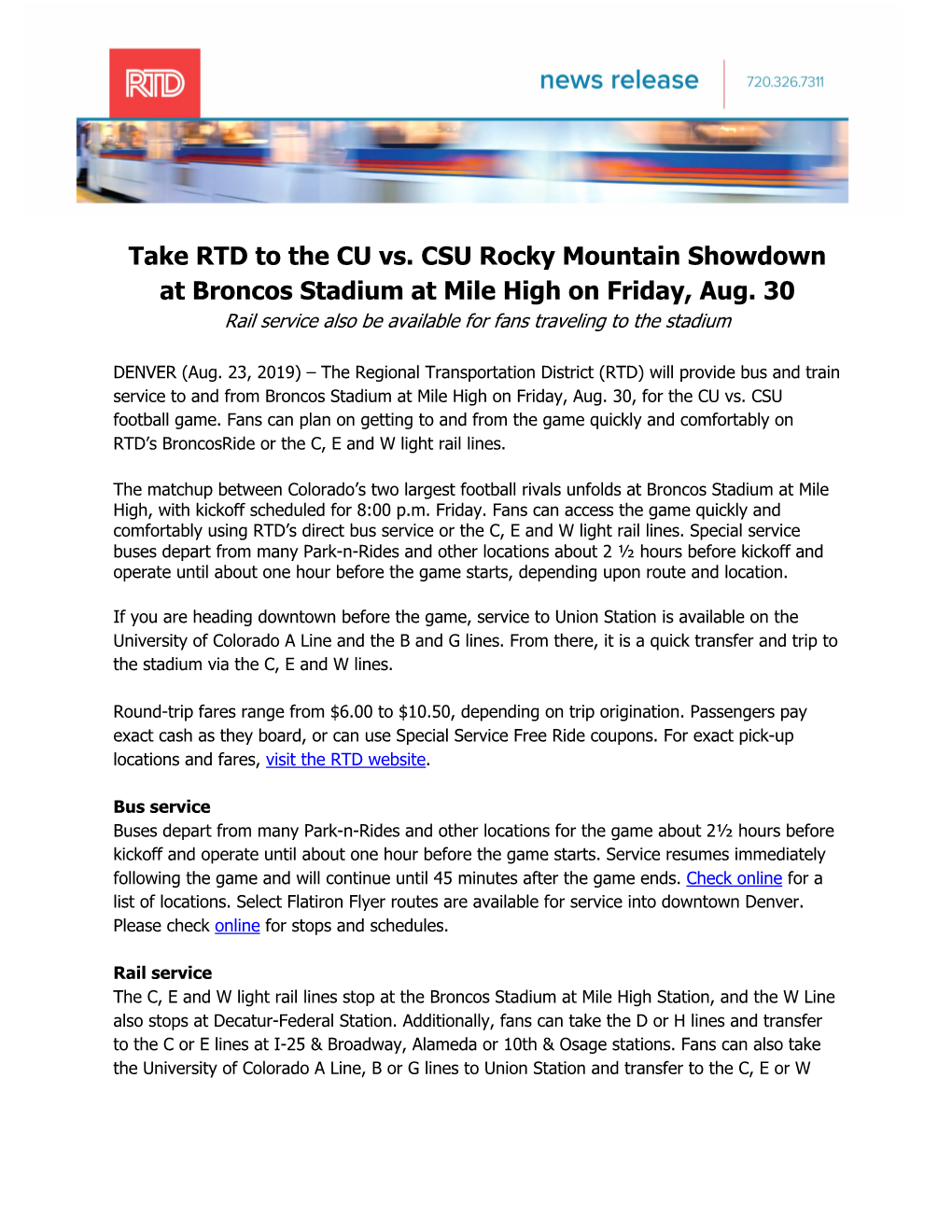 Take RTD to the CU Vs. CSU Rocky Mountain Showdown at Broncos Stadium at Mile High on Friday, Aug