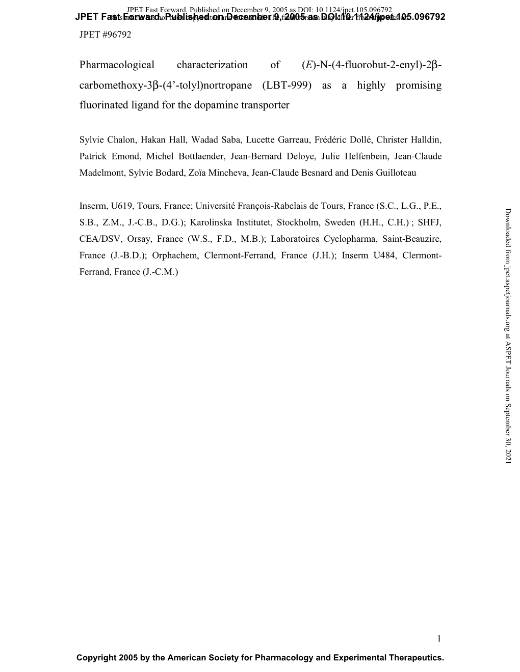 LBT-999) As a Highly Promising Fluorinated Ligand for the Dopamine Transporter