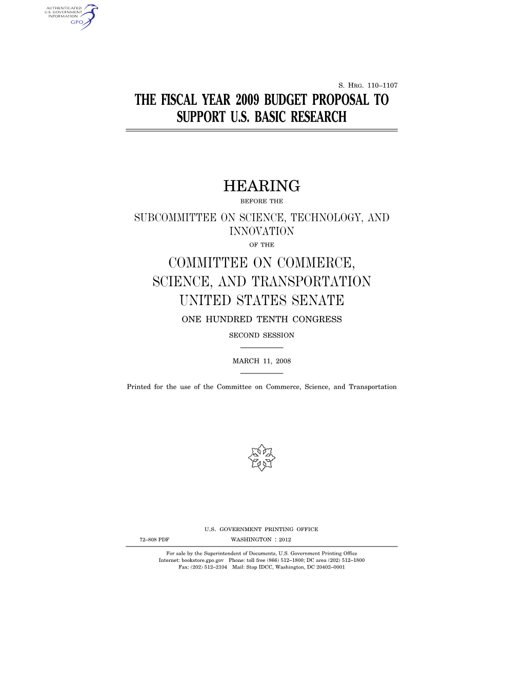 The Fiscal Year 2009 Budget Proposal to Support Us Basic Research Hearing