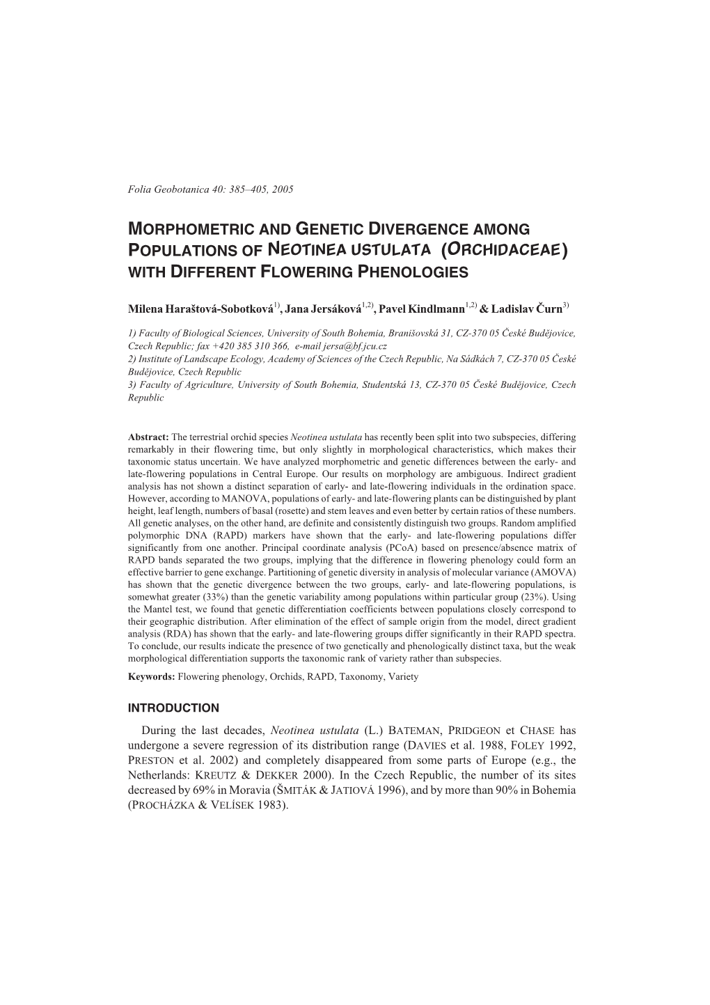 Morphometric and Genetic Divergence Among Populations of Neotinea Ustulata (Orchidaceae) with Different Flowering Phenologies