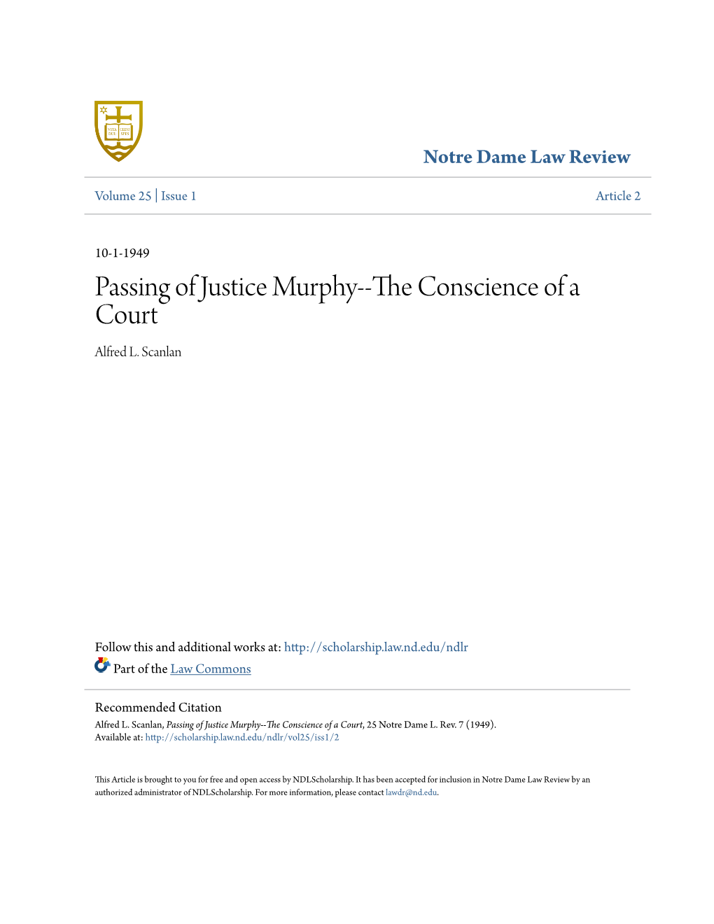 Passing of Justice Murphy--The Conscience of a Court, 25 Notre Dame L