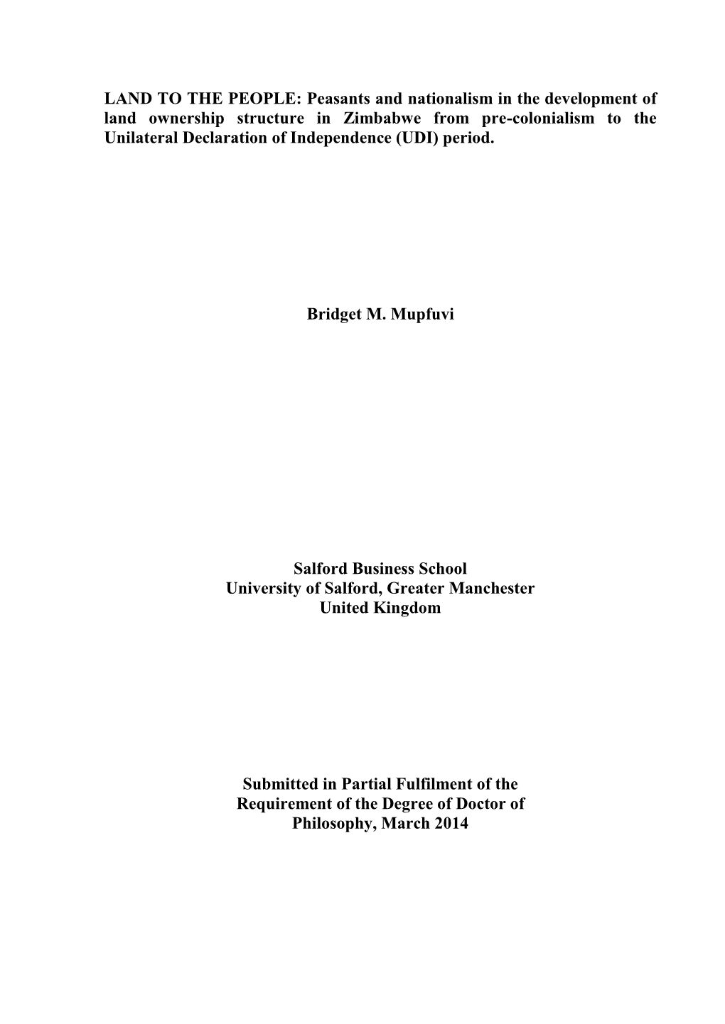 Peasants and Nationalism in the Development of Land Ownership Structure in Zimbabwe from Pre-Colonialism to the Unilateral Declaration of Independence (UDI) Period