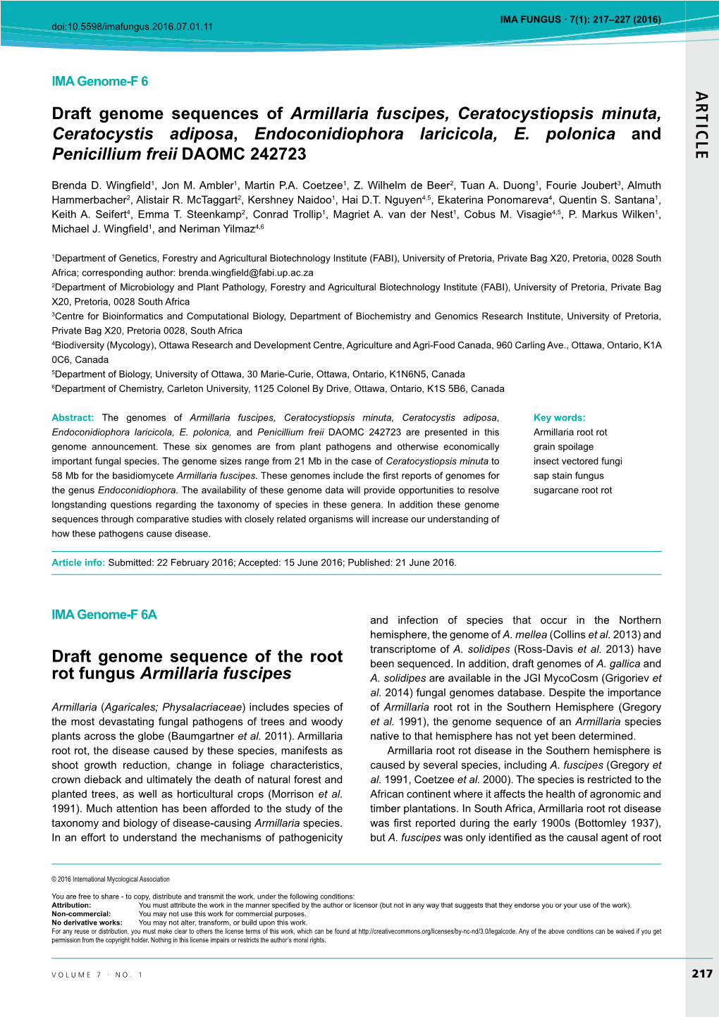 AR TICLE Draft Genome Sequences of Armillaria Fuscipes