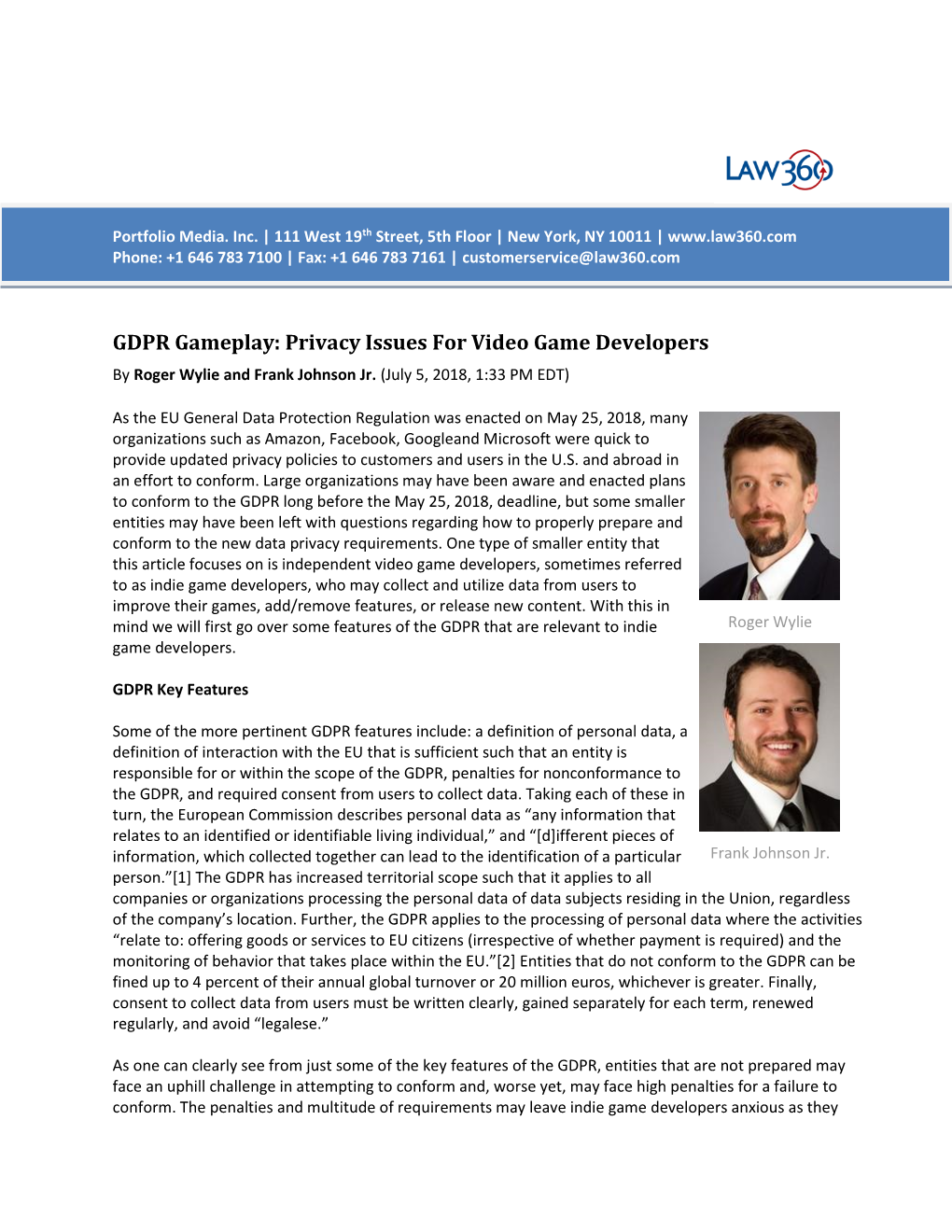 GDPR Gameplay: Privacy Issues for Video Game Developers by Roger Wylie and Frank Johnson Jr