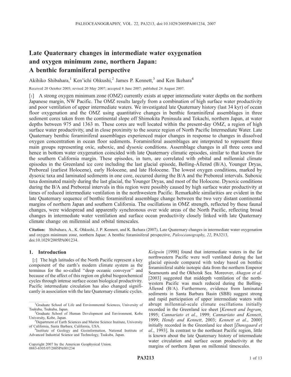 Late Quaternary Changes in Intermediate Water Oxygenation And