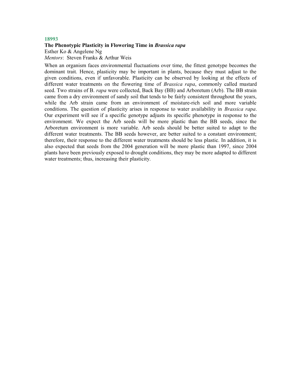 The Phenotypic Plasticity in Flowering Time in Brassica Rapa